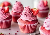 طرز تهیه کاپ کیک توت‌فرنگی با خلال پسته؛ خوشمزه و ساده برای عصرانه