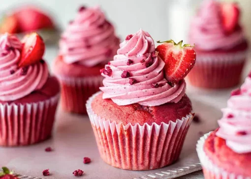 طرز تهیه کاپ کیک توت‌فرنگی با خلال پسته؛ خوشمزه و ساده برای عصرانه