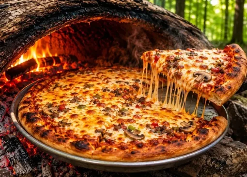 طرز تهیه پیتزای هیزمی در تنور دست‌ساز جنگلی